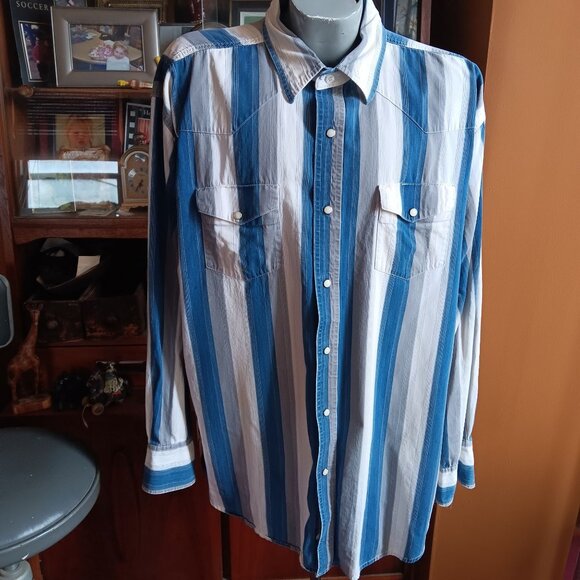 XXL Vintage Wrangler Western Shirt Cowboy Striped Pearl Snaps 1990's Bangladesh - Picture 1 of 8